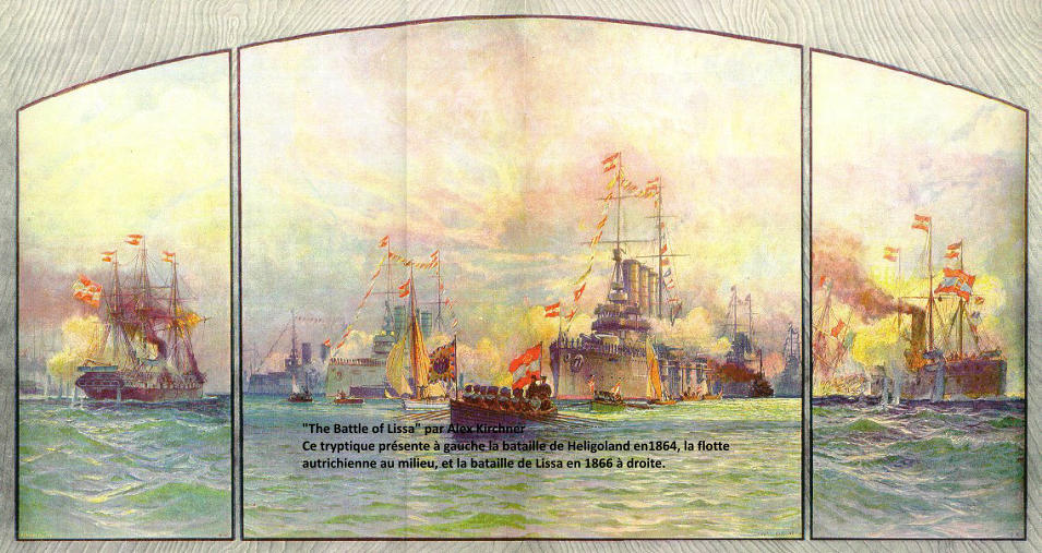 "The Battle of Lissa" par Alex Kirchner Ce tryptique présente à gauche la bataille de Heligoland en1864, la flotte  autrichienne au milieu, et la bataille de Lissa en 1866 à droite.